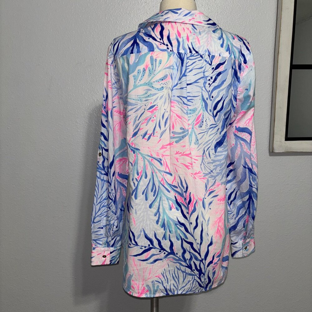 Lilly Pulitzer‎ Women’s S Cotton Tunic Top Button Front Pink Blue Tropical Print - Picture 5 of 11